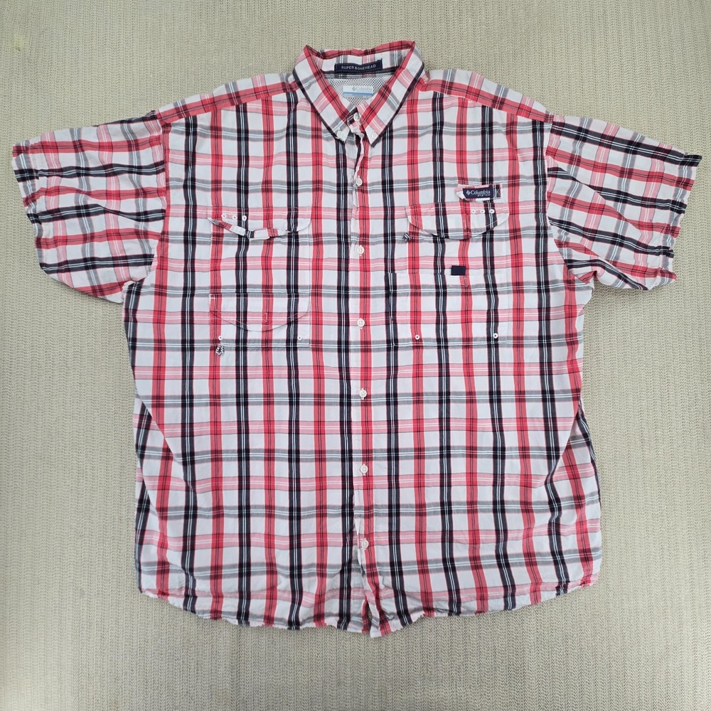Columbia PFG Super Bonehead Shirt Mens 2XL Red White Check Short Sleeve Fishing